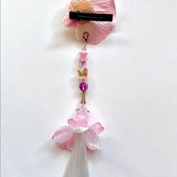 Artist Made MYSTICAL White Pink Fairy Party Festival Flower HairClip Tassel main image 7